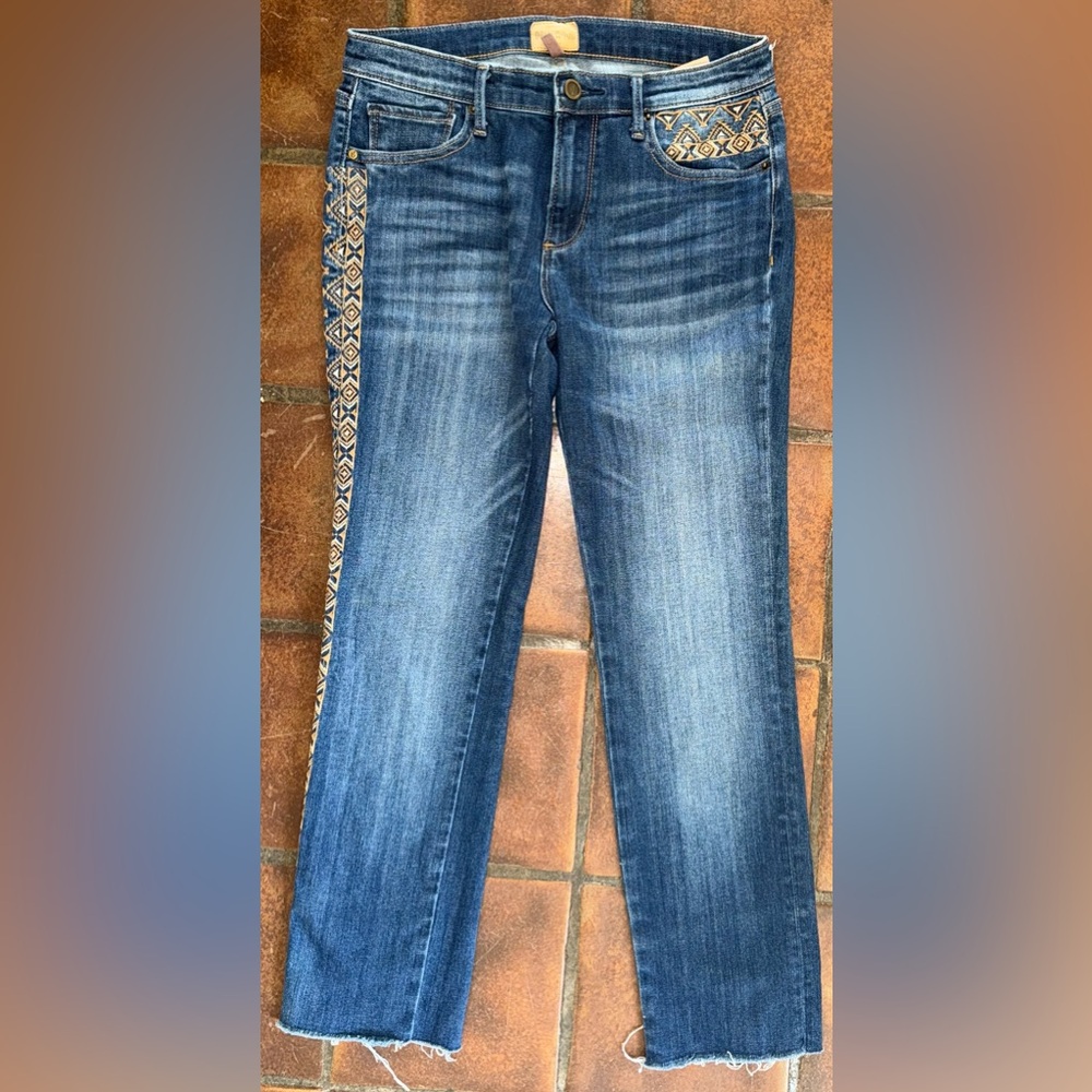Driftwood Jeans Womens 27 Audrey Embroidered Aztec Straight Leg Stretch Denim